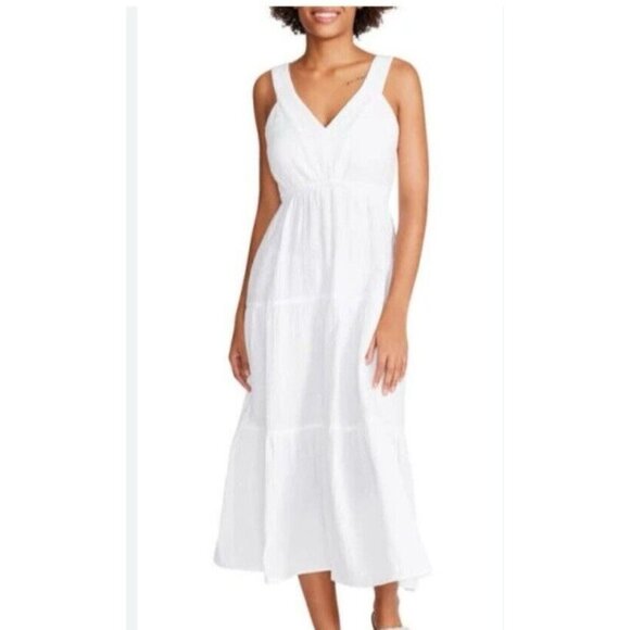 Steve Madden Tiered Midi Dress White Cotton Gauze Smocked Washable NWT NEW - Picture 1 of 13
